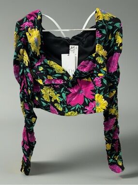 Zara Women’s Black Floral Cropped Long-Sleeve Top - Pink & Yellow Flowers Size L
